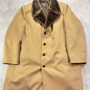 Rare 60’s Vintage Bottany 500 Tan Overcoat Wool Blend Faux Fur Shawl Collar USA